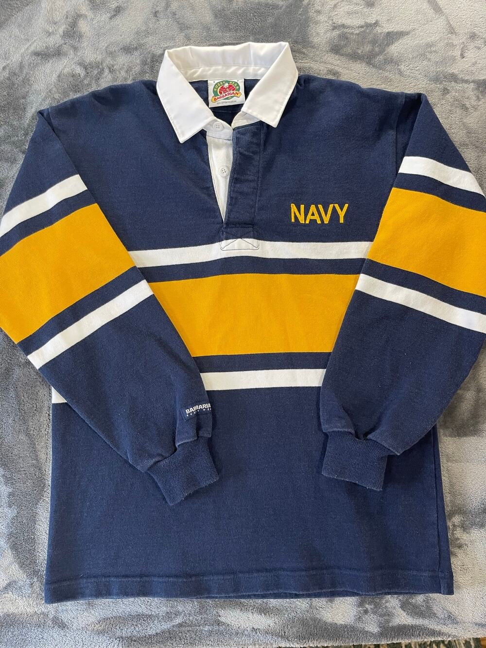 Barbarian Rugby Polo Size S Embroidered Navy Yellow Long Sleeve Shirt Heavy